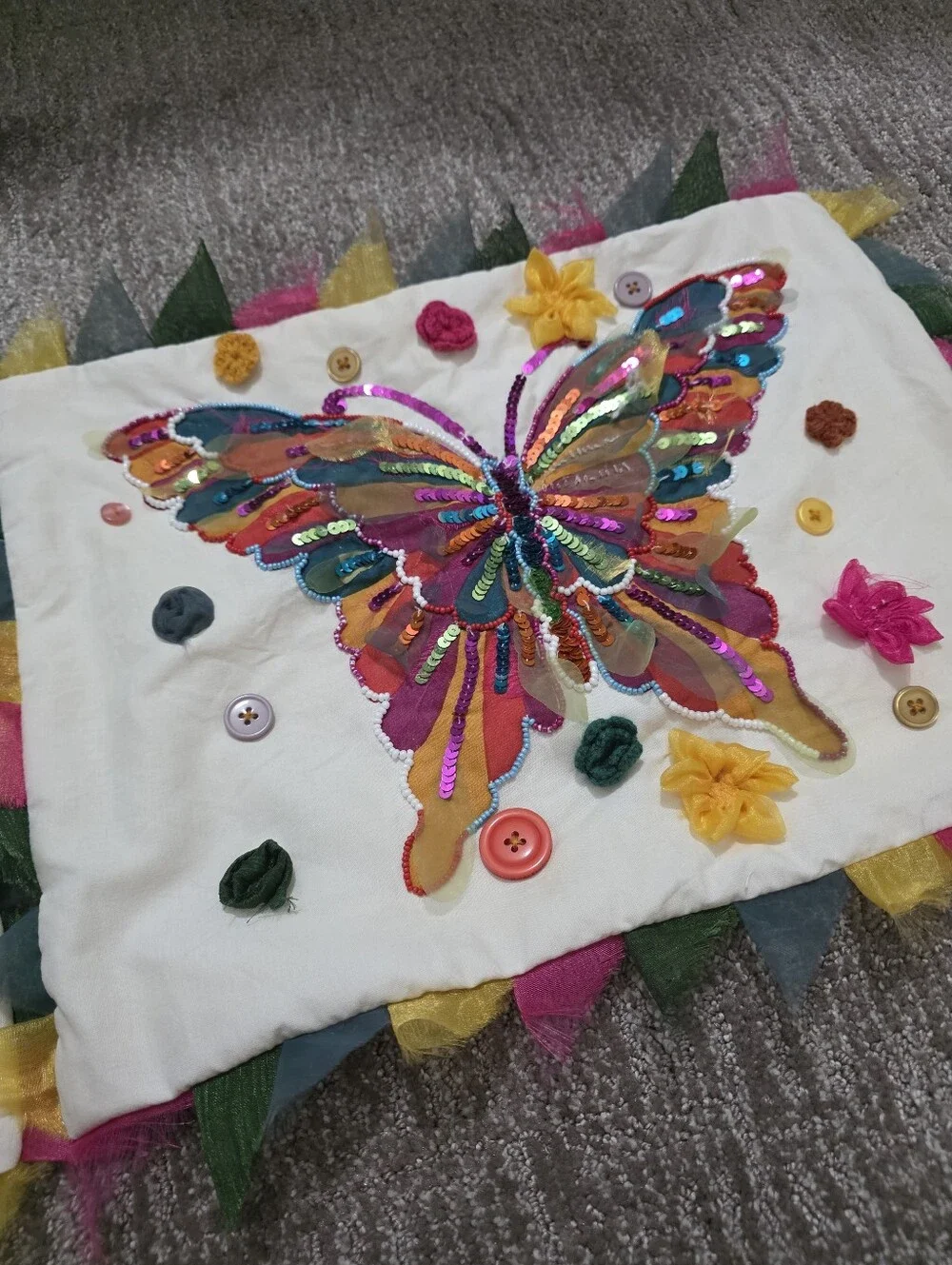 Two Pier 1 Butterfly Pillow Covers Sequins Beaded Fairycore Whimsical Artsy Fun